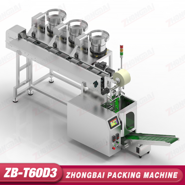 Máquina Contadora y Envasadora con Tres Alimentadores de Tazón y Transportador Horizontal de Cangilones