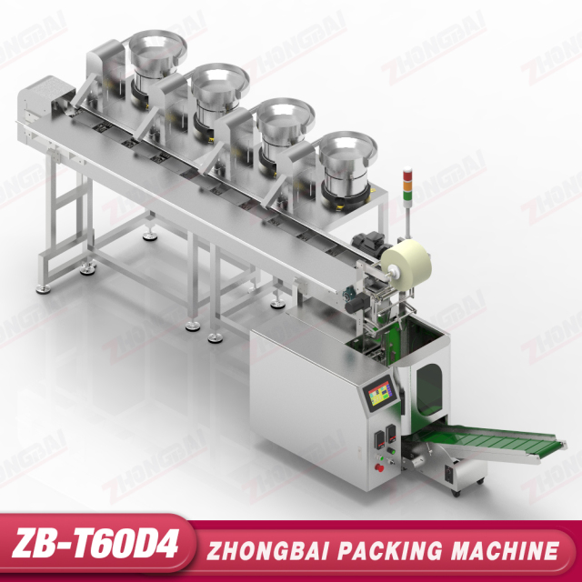 Máquina Contadora y Envasadora con Cuatro Alimentadores de Tazón y Transportador Horizontal de Cangilones