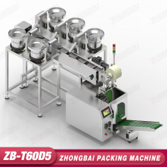 Máquina Contadora y Envasadora con Cinco Alimentadores de Tazón y Transportador Horizontal de Cangilones