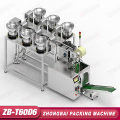 Máquina Contadora y Envasadora con Seis Alimentadores de Tazón y Transportador Horizontal de Cangilones