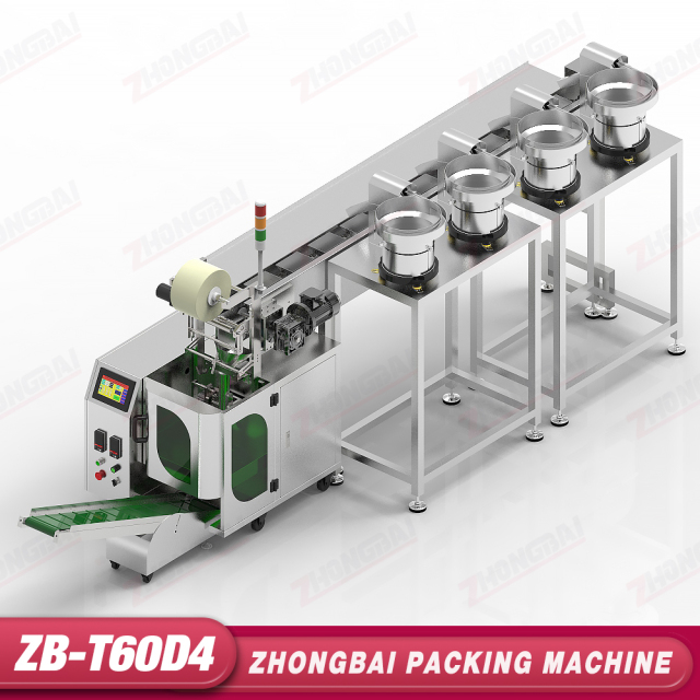 Máquina Contadora y Envasadora con Cuatro Alimentadores de Tazón y Transportador Horizontal de Cangilones