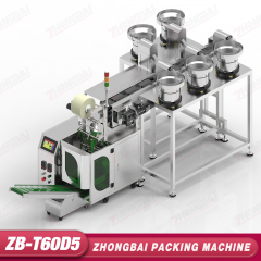 Máquina Contadora y Envasadora con Cinco Alimentadores de Tazón y Transportador Horizontal de Cangilones