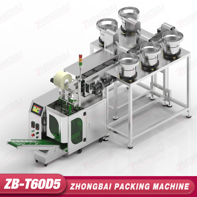 Máquina Contadora y Envasadora con Cinco Alimentadores de Tazón y Transportador Horizontal de Cangilones