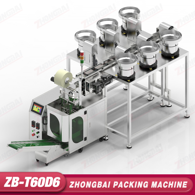 Máquina Contadora y Envasadora con Seis Alimentadores de Tazón y Transportador Horizontal de Cangilones