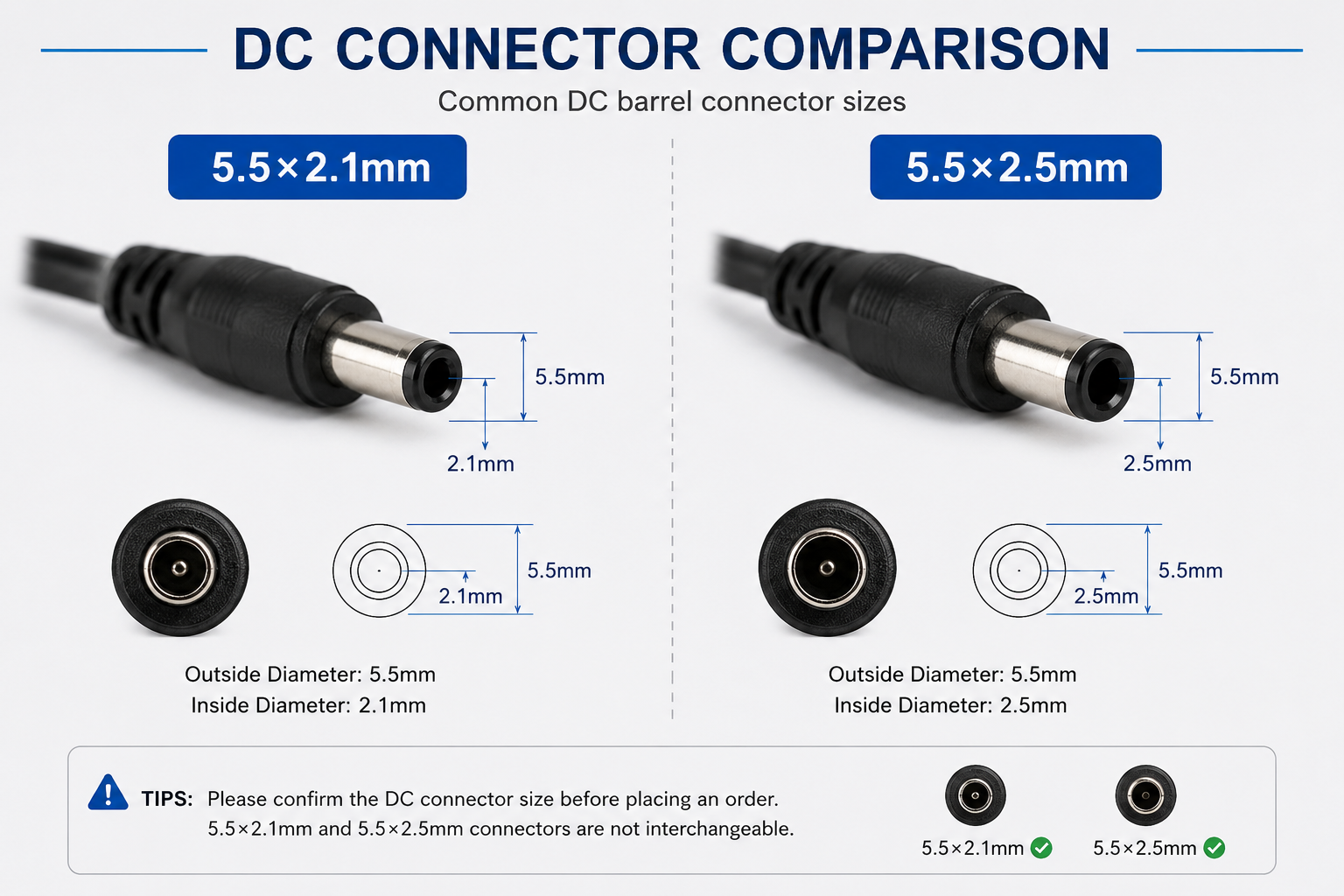 5.5x2.1mm VS 5.5x2.5mm DC connector