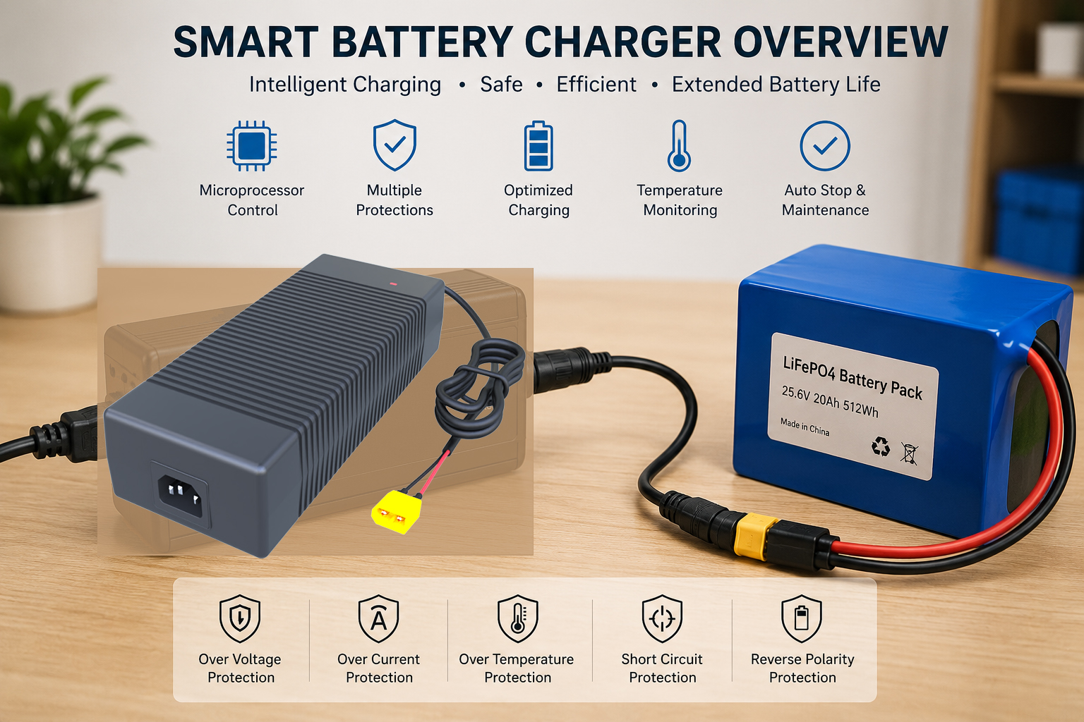 Smart battery charger connected to a rechargeable lithium battery pack