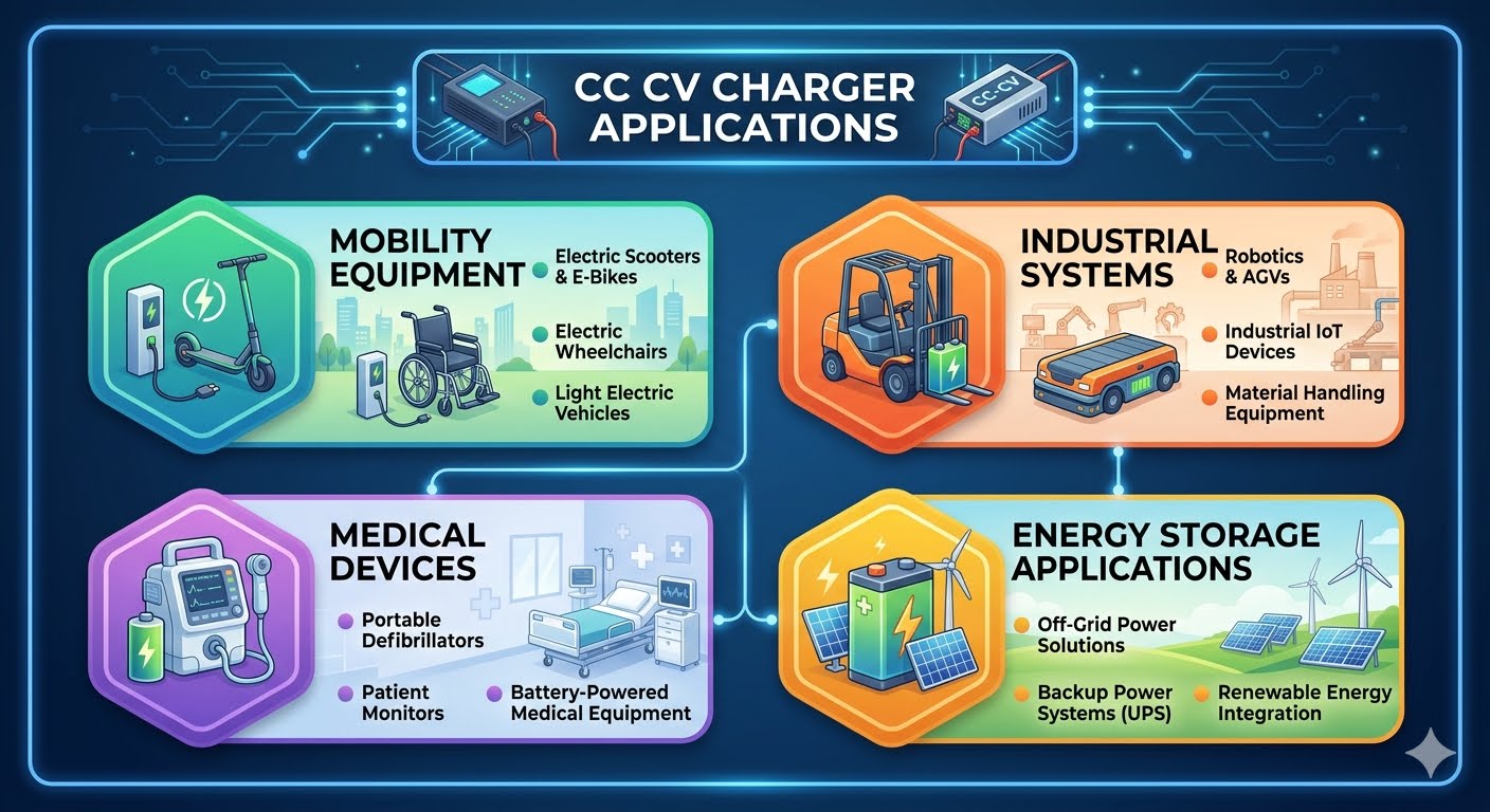 Anwendungen von CC/CV-Batterieladeger&auml;ten in Mobilit&auml;tshilfen, Industriesystemen, Medizinprodukten und Energiespeichersystemen