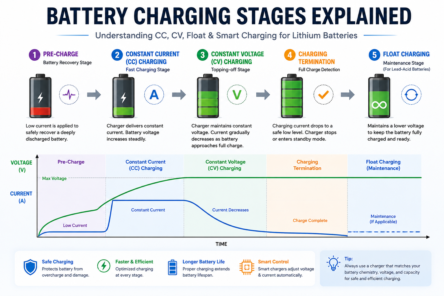 Battery charging stages showing CC CV charging process from empty battery to full capacity