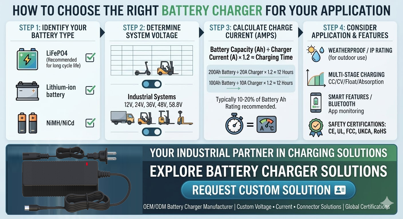 Guide showing battery charger selection based on battery type voltage current and application