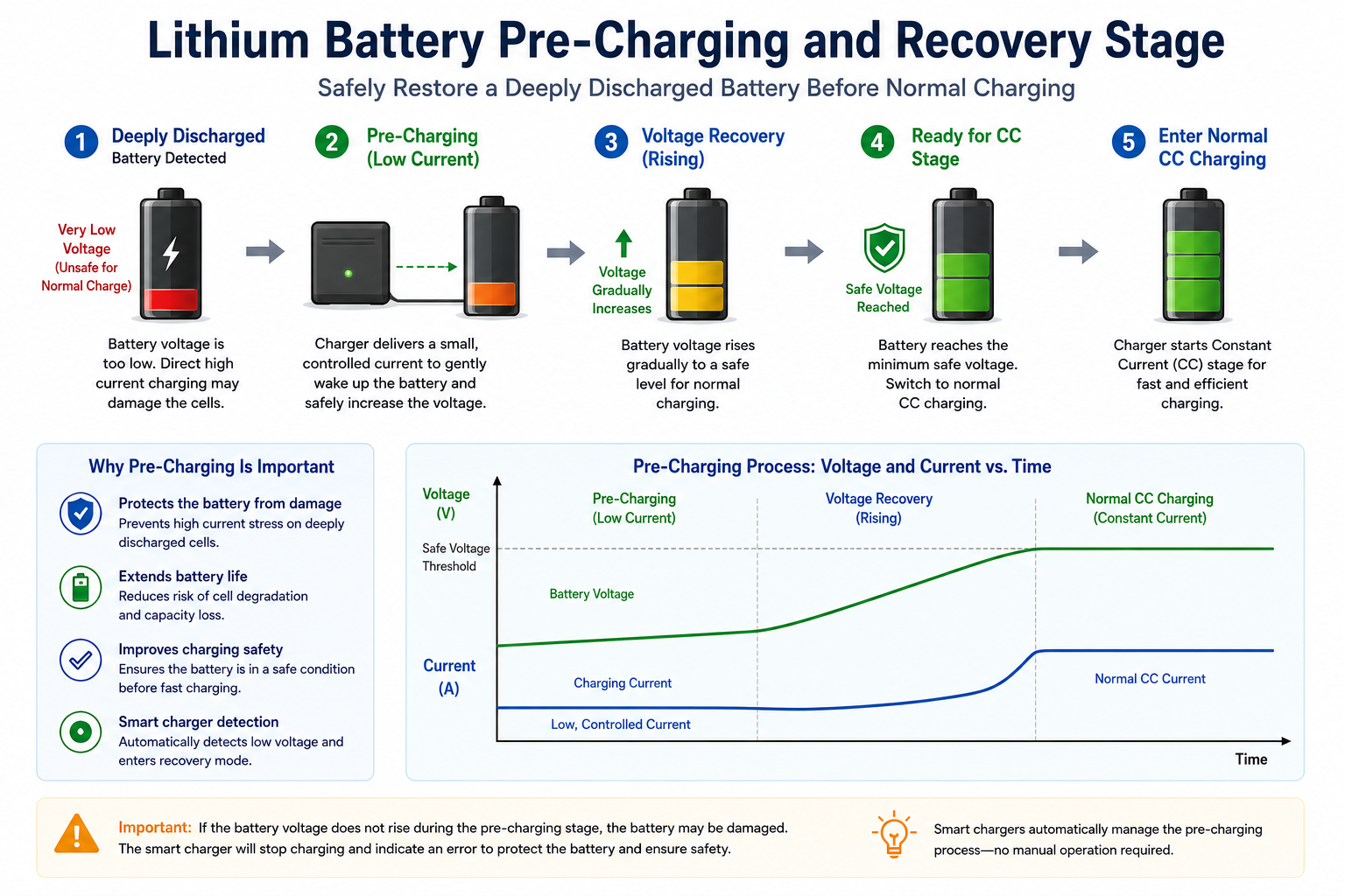 Lithium battery charger pre charging stage showing low voltage battery recovery process