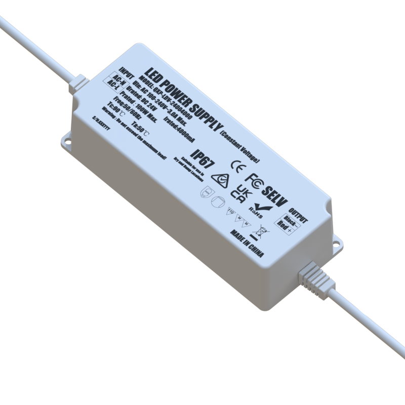 24V 4A 96W IP67 Power Supply with Fixed Cable and Strain Relief