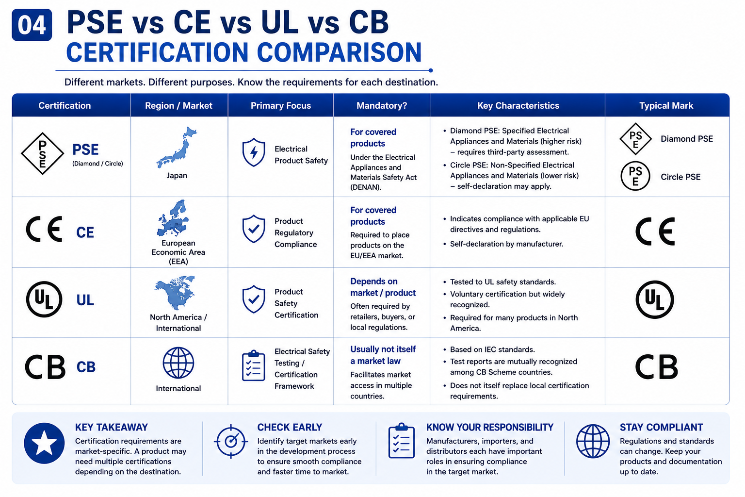 Vergleich der Zertifizierungssysteme PSE, CE, UL und CB f&uuml;r elektrische Sicherheit