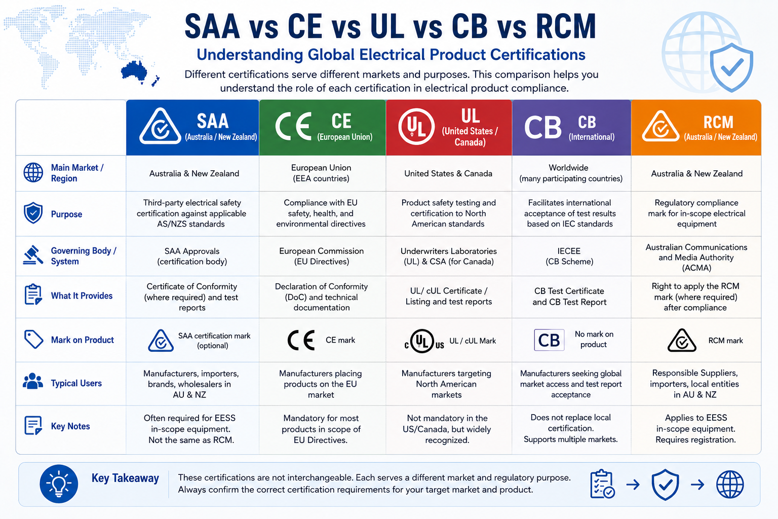 comparison of SAA CE UL CB and RCM electrical product certifications