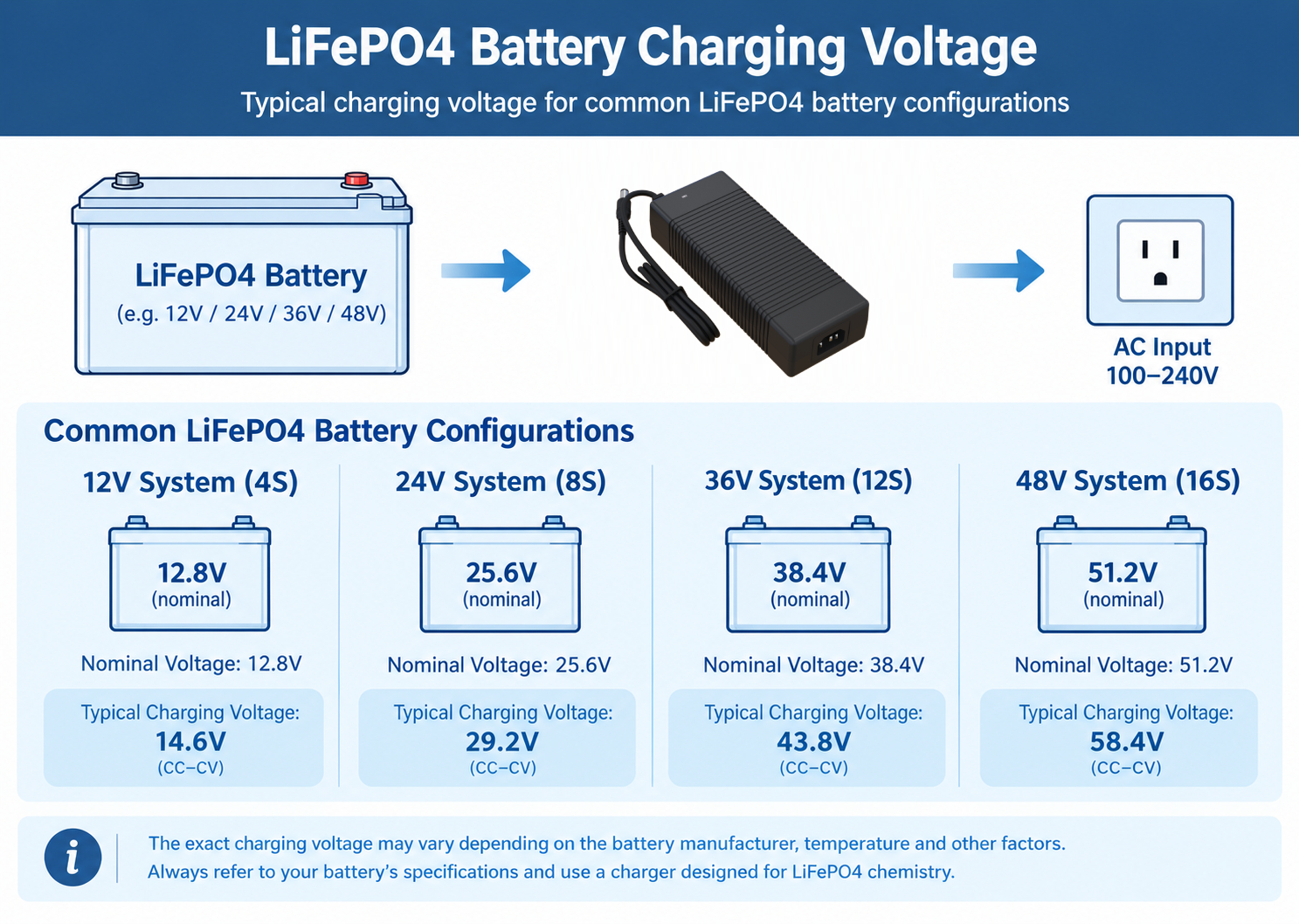 LiFePO4 charging voltage chart showing nominal voltage, series cell count, and typical maximum charging voltage for 12V, 24V, 36V, and 48V batteries.