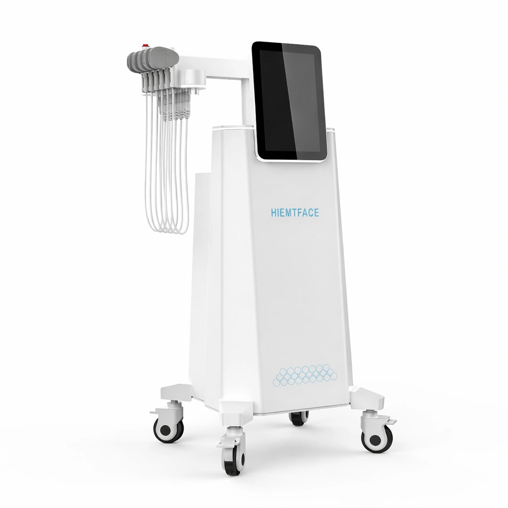 HIEMTFACE aesthetic device on wheels with touchscreen and multiple electrode applicators, white background.