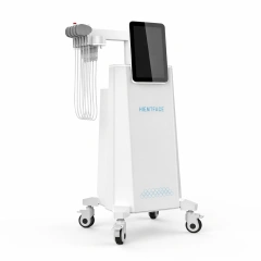 HIEMTFACE aesthetic device on wheels with touchscreen and multiple electrode applicators, white background.