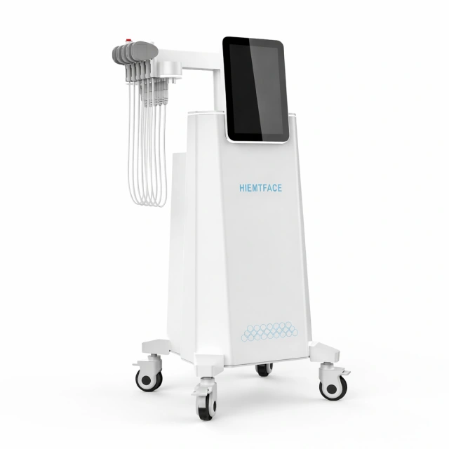 HIEMTFACE aesthetic device on wheels with touchscreen and multiple electrode applicators, white background.