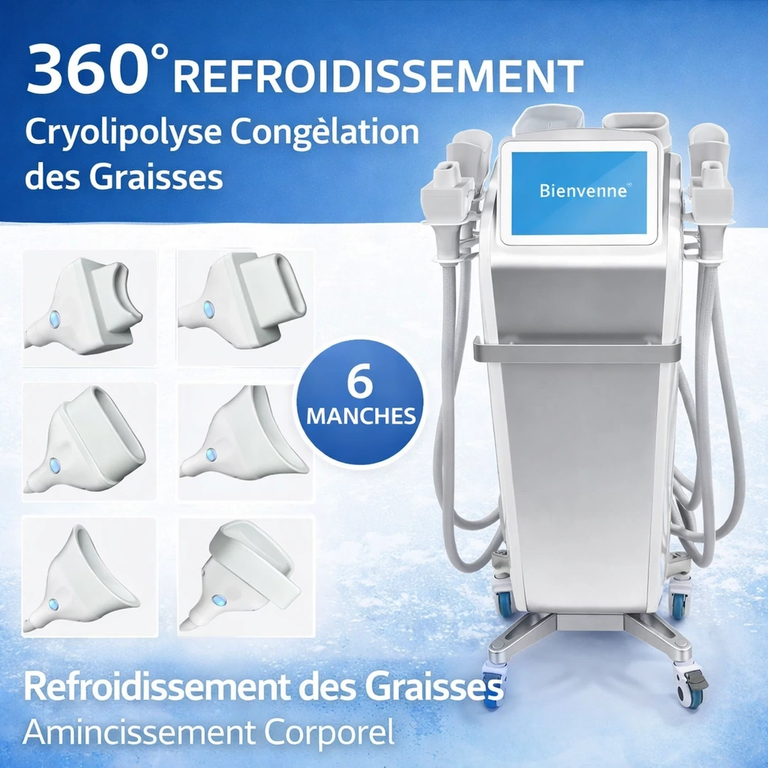 Cryolipolyse 360° refroidissement — machine de congélation des graisses (fat freezing) avec 6 manches, visuel produit en ambiance clinique bleu clair. 