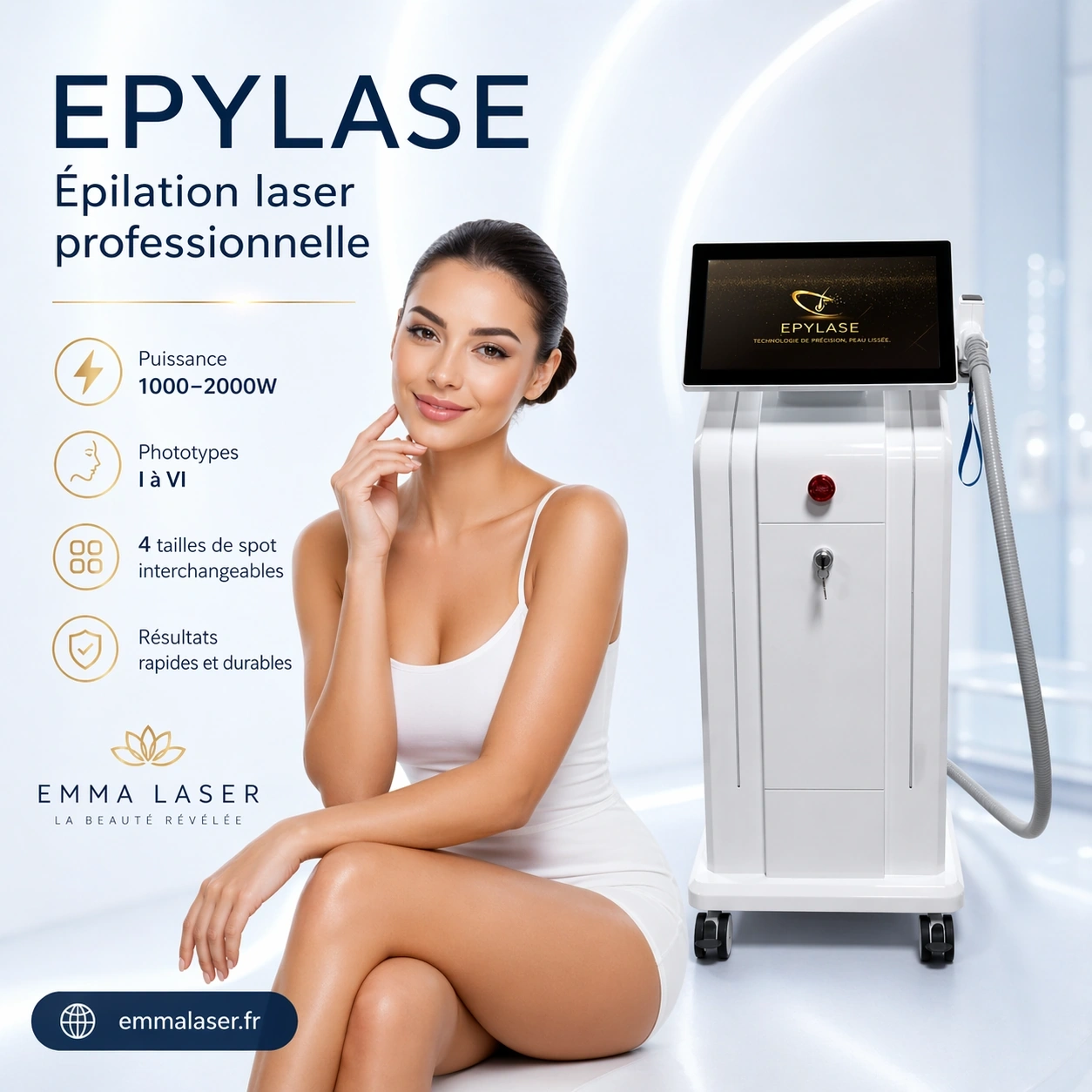 EPYLASE appareil d’épilation laser professionnelle avec écran tactile, puissance 1000–2000W, pour phototypes I à VI
