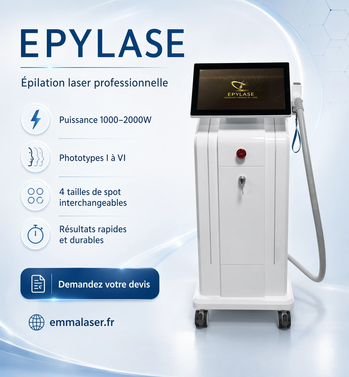 EPYLASE – Appareil Professionnel d’Épilation Laser 1000–2000W | Résultats Durables