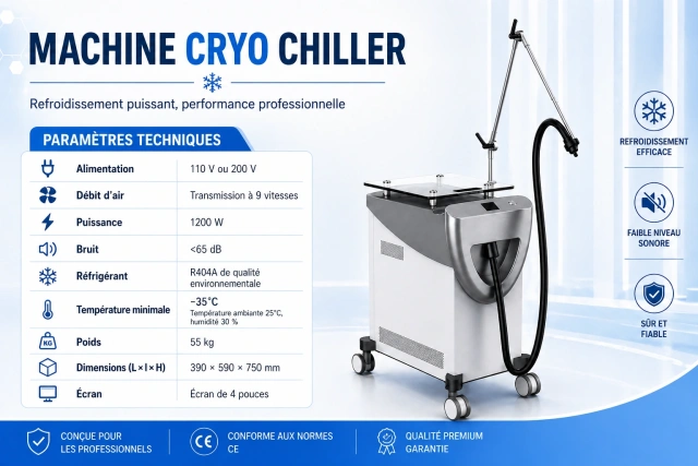 Machine Cryo Chiller professionnelle pour refroidissement cutané en clinique esthétique, avec température minimale -35°C, puissance 1200 W, faible bruit inférieur à 65 dB et écran 4 pouces.