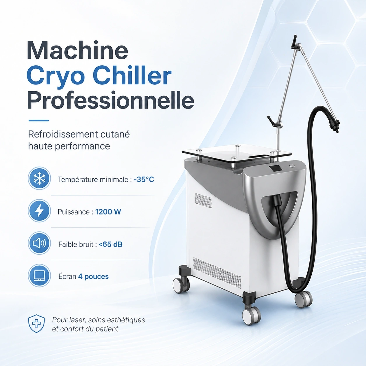 Machine Cryo Chiller professionnelle pour refroidissement cutané en clinique esthétique, température minimale -35°C, puissance 1200 W, faible bruit et écran 4 pouces