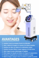 Affiche en français présentant les avantages de l’appareil PDT LED pour l’acné, les rougeurs, les rides, les pores dilatés et la réparation de la peau