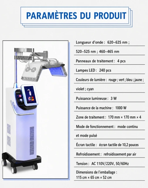 Paramètres du produit PDT LED HS-772 avec longueurs d’onde, couleurs de lumière et spécifications techniques 