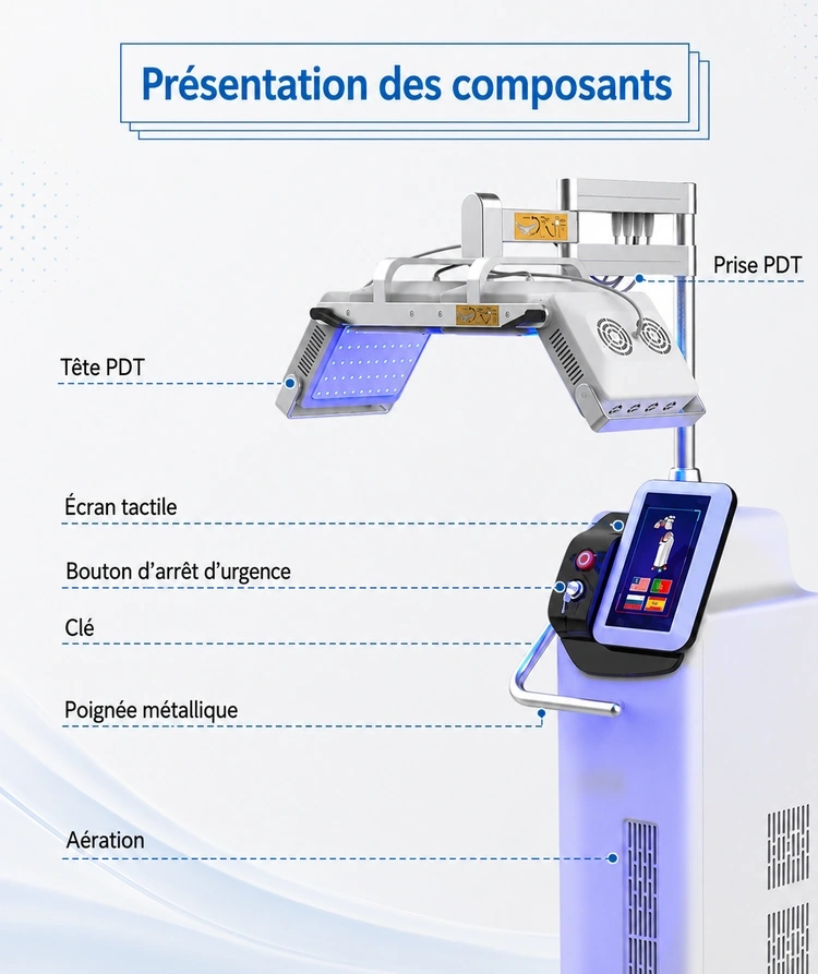 Présentation des composants de l’appareil PDT LED HS-772 avec tête PDT, écran tactile, bouton d’arrêt d’urgence et aération 