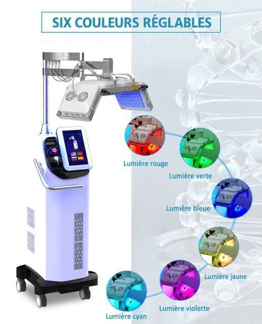 Appareil PDT LED professionnel avec six couleurs réglables pour soins esthétiques du visage 