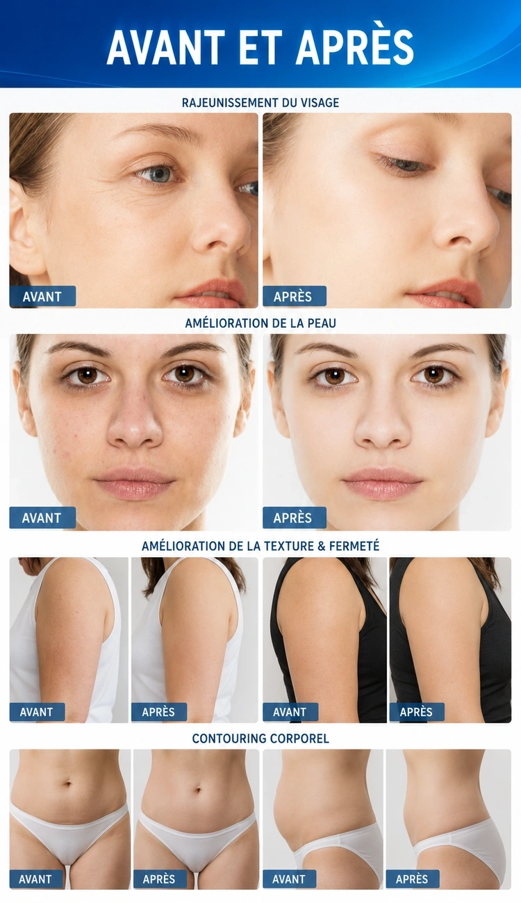 Résultats avant après d’un traitement esthétique pour le visage et le corps avec amélioration de la peau, raffermissement et contouring corporel
