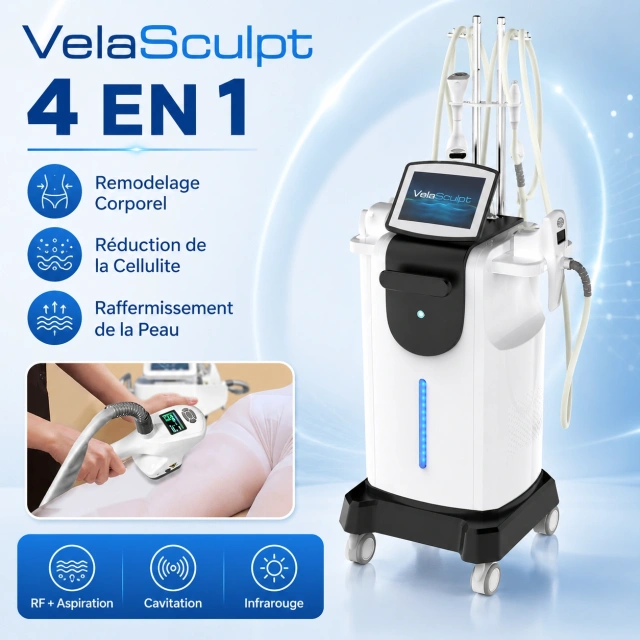 VelaSculpt 4 en 1 machine professionnelle pour remodelage corporel, réduction de la cellulite et raffermissement de la peau.