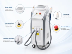 Détails de l’appareil Epipulse SHR IPL avec écran tactile, interrupteur à clé, connecteurs de poignées, pièces à main et bouton d’arrêt d’urgence pour traitements esthétiques professionnels. 