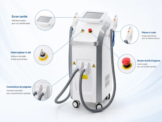 Détails de l’appareil Epipulse SHR IPL avec écran tactile, interrupteur à clé, connecteurs de poignées, pièces à main et bouton d’arrêt d’urgence pour traitements esthétiques professionnels. 