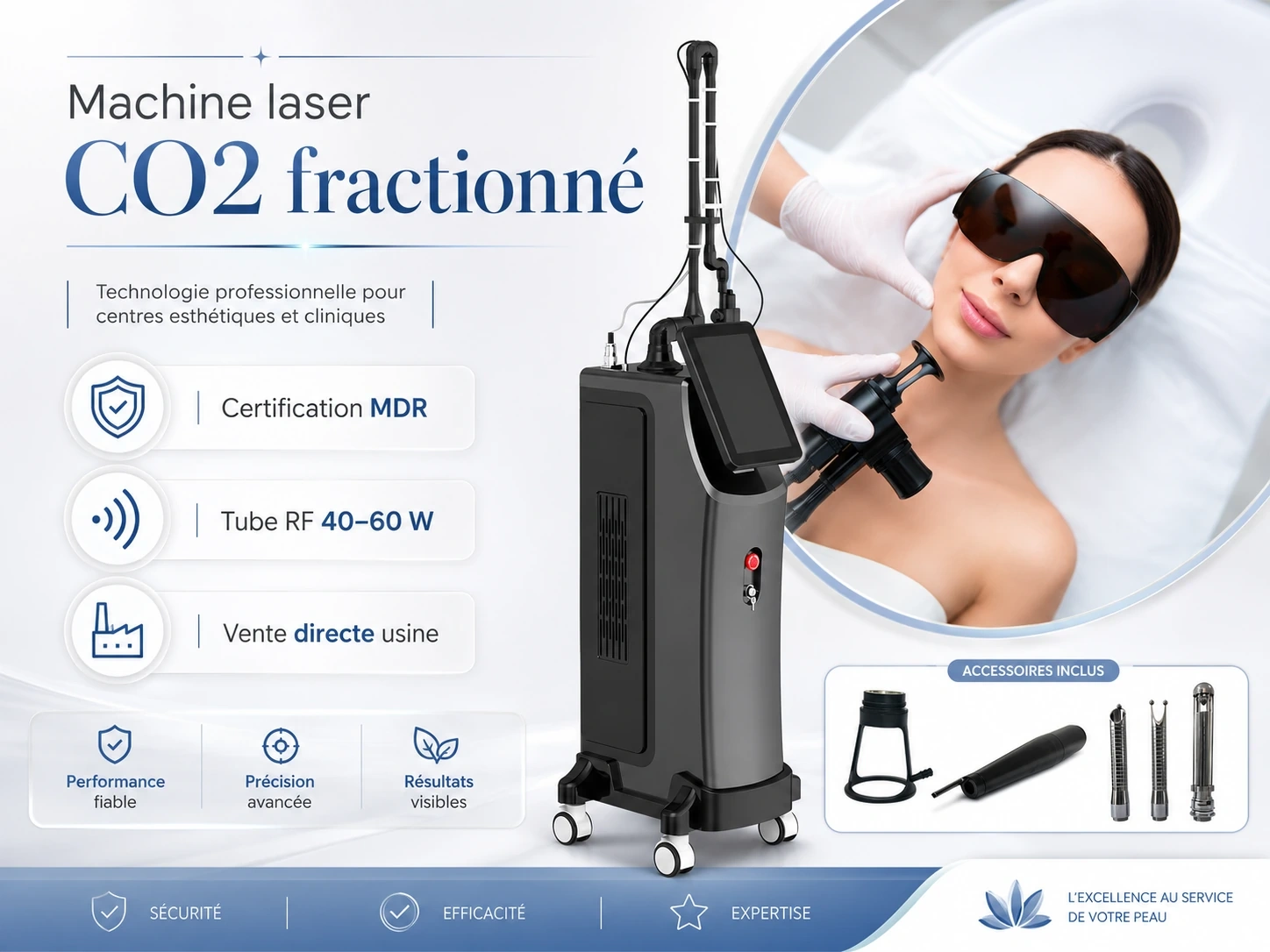 Machine laser CO2 fractionné professionnelle avec certification MDR, tube RF 40-60W et vente directe usine.
