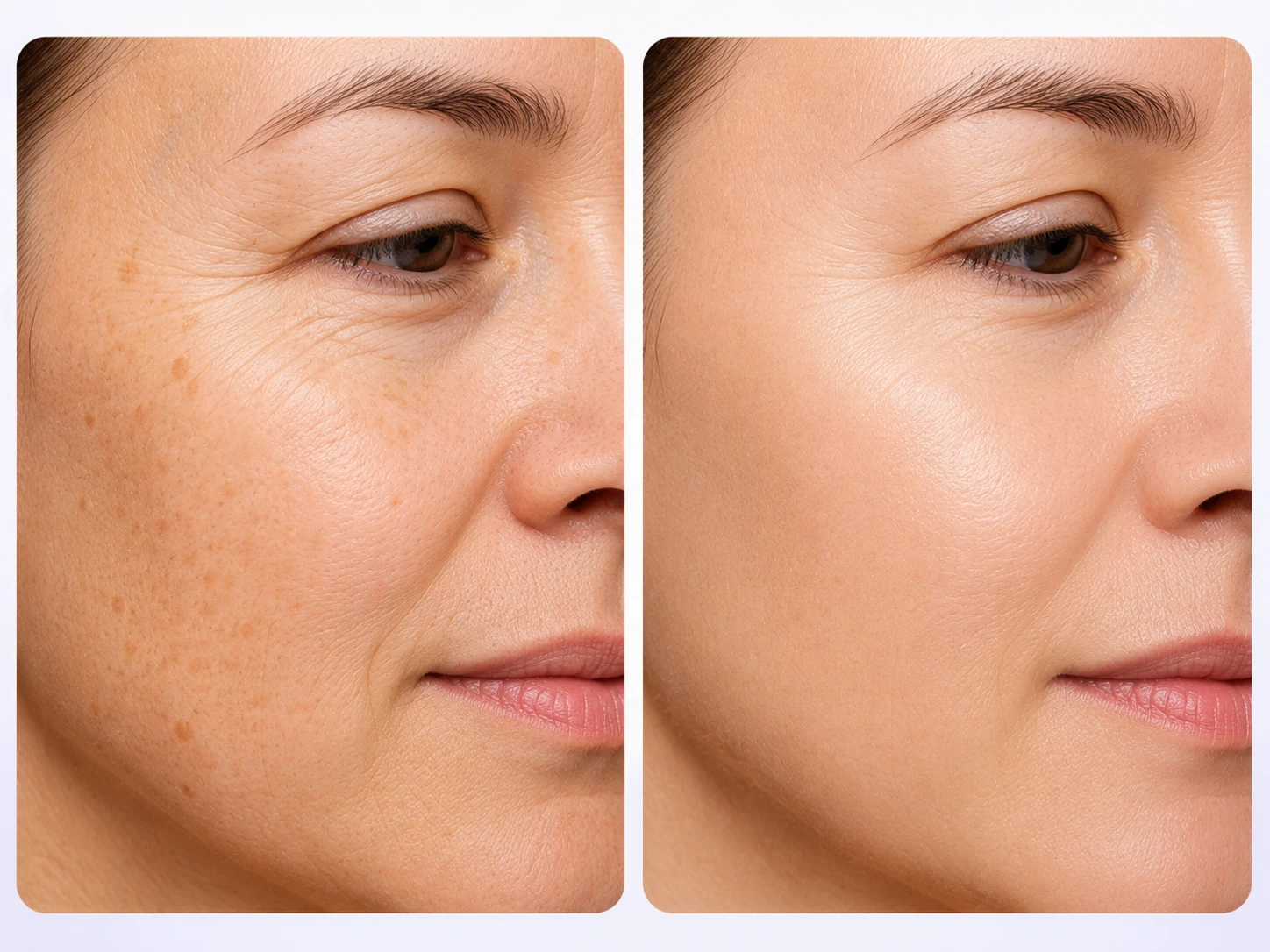 Avant après soin esthétique visage sans texte, amélioration visible des taches pigmentaires, rides, texture de peau et éclat du teint