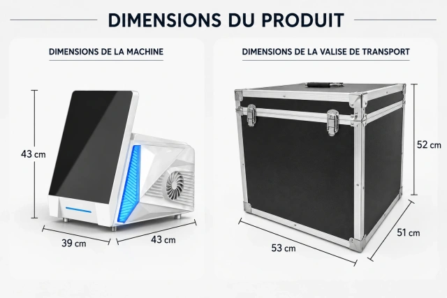 Dimensions de la machine plasma froid professionnelle et de la valise de transport