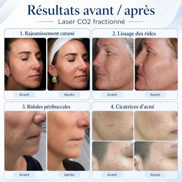 Résultats avant après laser CO2 fractionné pour rajeunissement cutané, rides et cicatrices d’acné