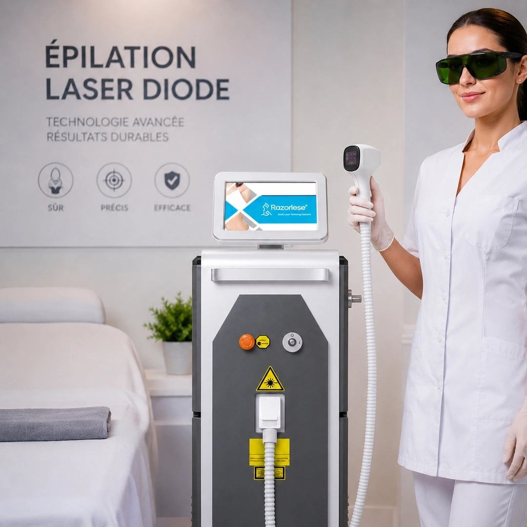 Professionnelle de l’esthétique portant des lunettes de protection laser, debout à côté de l’appareil Epylase et tenant la pièce à main du laser diode