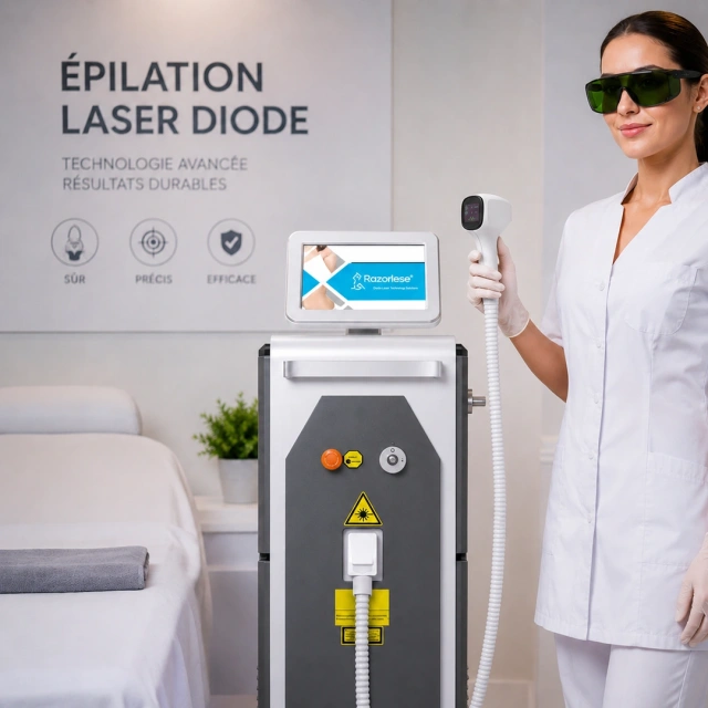 Professionnelle de l’esthétique portant des lunettes de protection laser, debout à côté de l’appareil Epylase et tenant la pièce à main du laser diode
