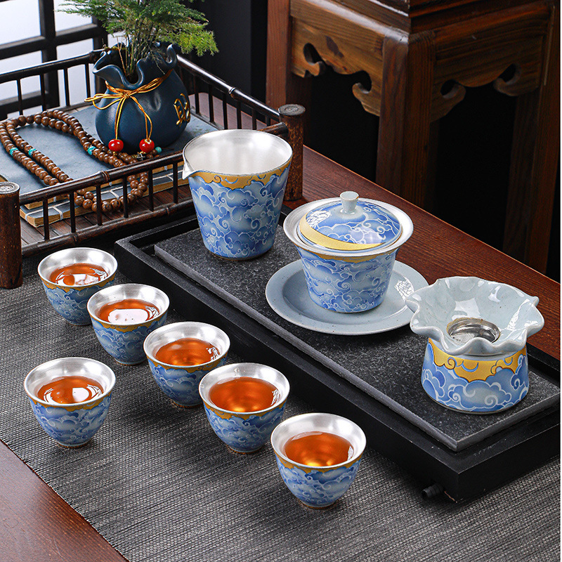 999 Silver Tea Set suit Blue and White Porcelain Purple Sand Cover Bowl Foot Silver Kung Fu Set Household Tea Tasting Cup Gift Box