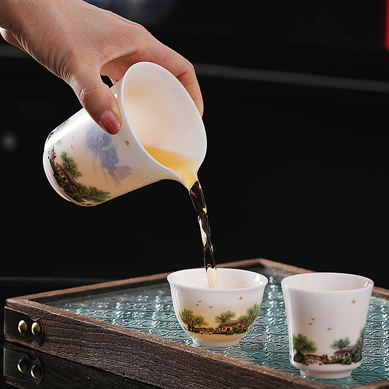 Suit Ice Suet Jade Tea Set Qingluan Jingying Hand-painted Kung Fu Tea Set Bright Dehua Jade Porcelain Light Luxury Accompanying Ceremony
