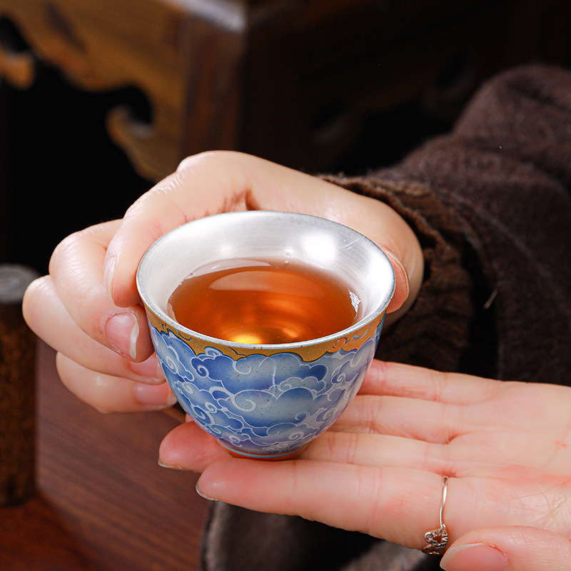 999 Silver Tea Set suit Blue and White Porcelain Purple Sand Cover Bowl Foot Silver Kung Fu Set Household Tea Tasting Cup Gift Box