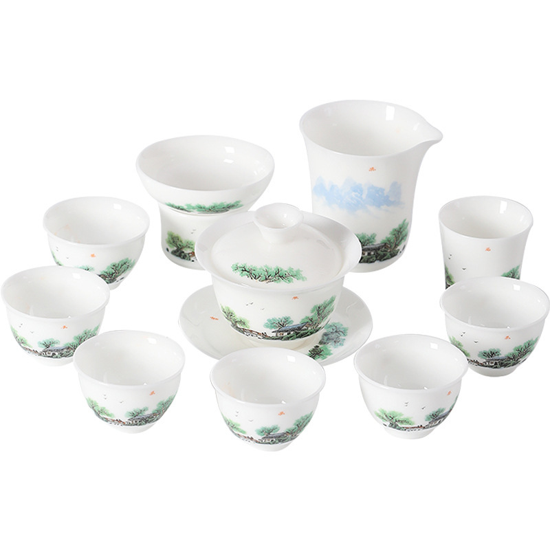 Suit Ice Suet Jade Tea Set Qingluan Jingying Hand-painted Kung Fu Tea Set Bright Dehua Jade Porcelain Light Luxury Accompanying Ceremony