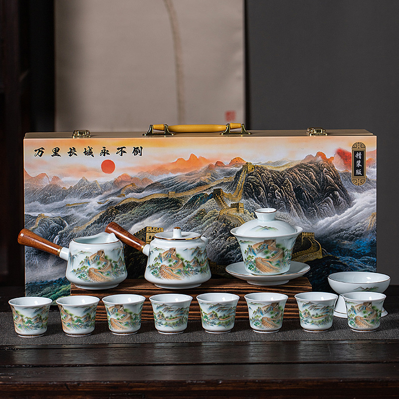 Dehua White Porcelain Sheep Fat Jade Shadow Green Kung Fu Tea Set suit Home Business Activities Gift Giving Tea Pot Accompanying Gift