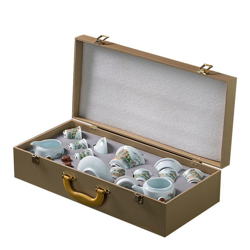 Dehua White Porcelain Sheep Fat Jade Shadow Green Kung Fu Tea Set suit Home Business Activities Gift Giving Tea Pot Accompanying Gift