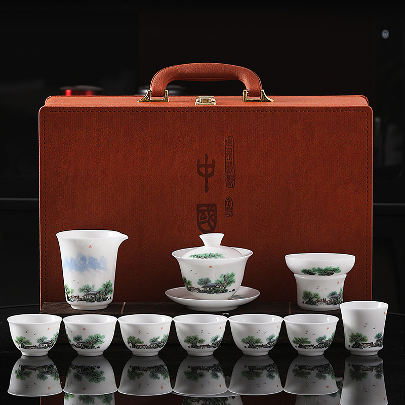 Suit Ice Suet Jade Tea Set Qingluan Jingying Hand-painted Kung Fu Tea Set Bright Dehua Jade Porcelain Light Luxury Accompanying Ceremony