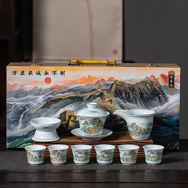 Dehua White Porcelain Sheep Fat Jade Shadow Green Kung Fu Tea Set suit Home Business Activities Gift Giving Tea Pot Accompanying Gift