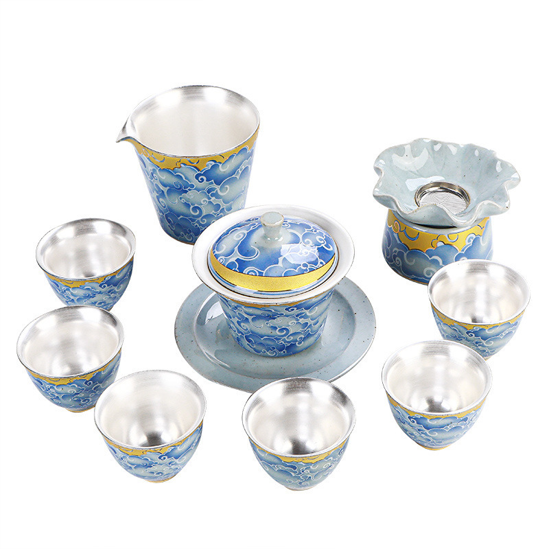 999 Silver Tea Set suit Blue and White Porcelain Purple Sand Cover Bowl Foot Silver Kung Fu Set Household Tea Tasting Cup Gift Box