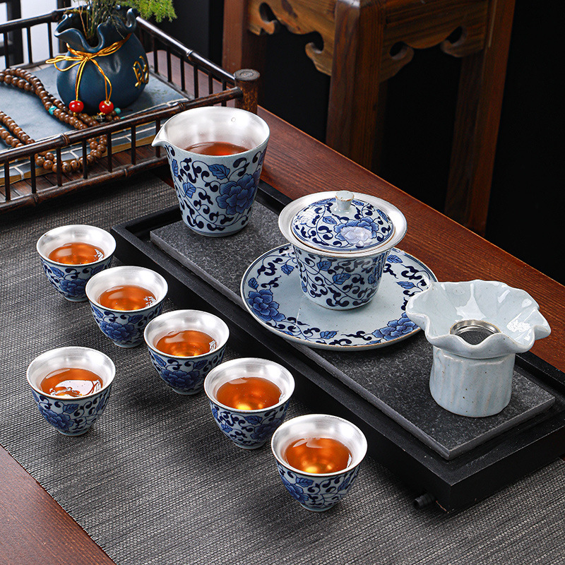 999 Silver Tea Set suit Blue and White Porcelain Purple Sand Cover Bowl Foot Silver Kung Fu Set Household Tea Tasting Cup Gift Box